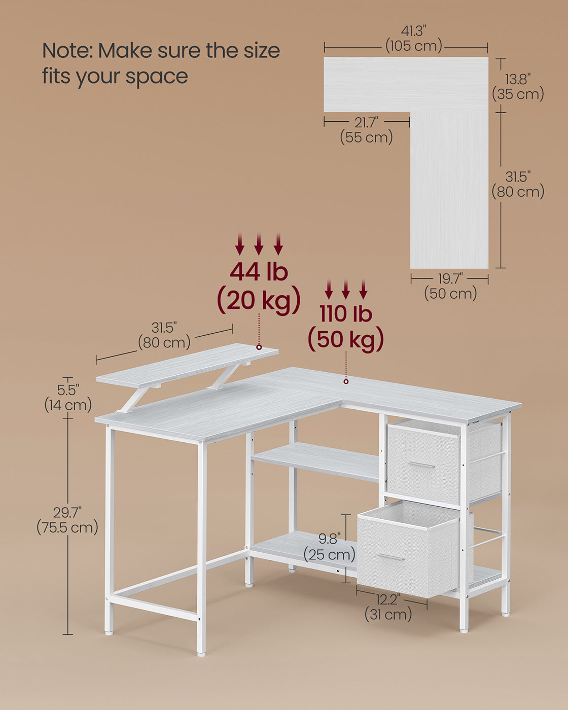 L-Shaped Desk - Wood - Maple White - Features Dual Spacious Drawers and Adjustable Storage Shelf