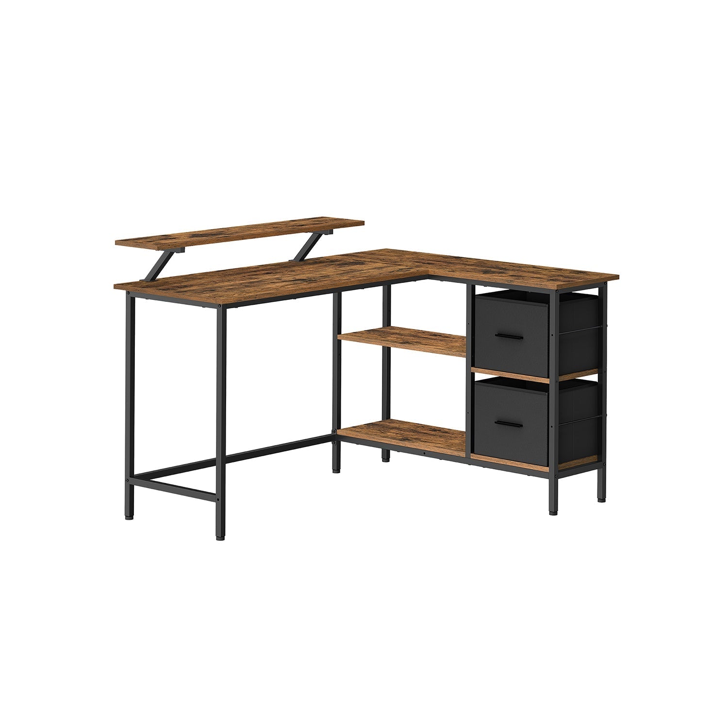 L-Shaped Desk - Wood - Rustic Brown - Spacious with Adjustable Monitor Stand and Storage Shelf