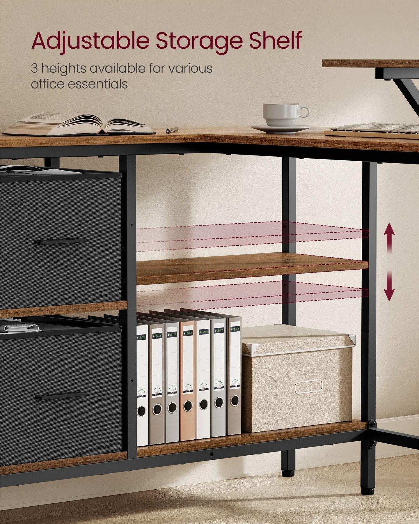 L-Shaped Desk - Wood - Rustic Brown - Spacious with Adjustable Monitor Stand and Storage Shelf