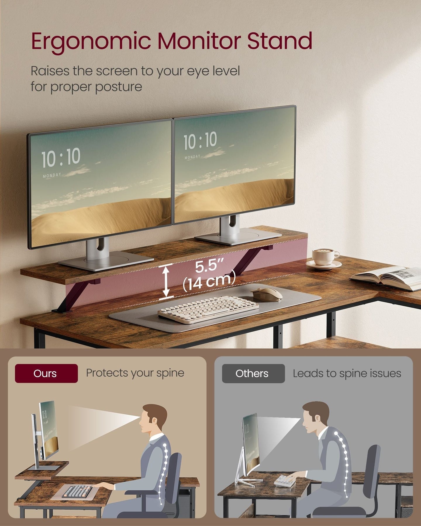 L-Shaped Desk - Wood - Rustic Brown - Spacious with Adjustable Monitor Stand and Storage Shelf