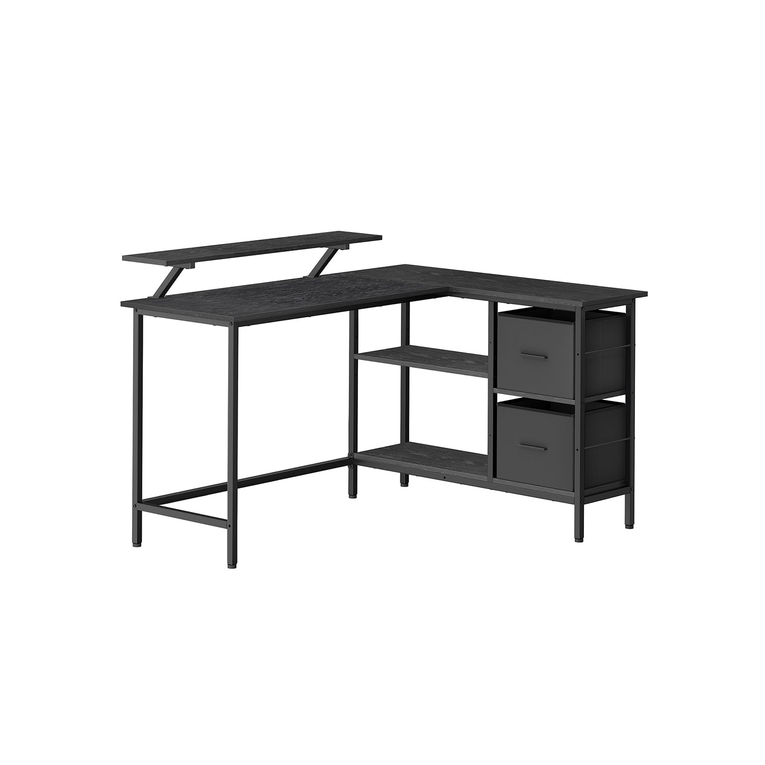 L-Shaped Desk - Wood - Ebony Black - 2 Spacious Drawers with Monitor Stand and Adjustable Storage Shelf