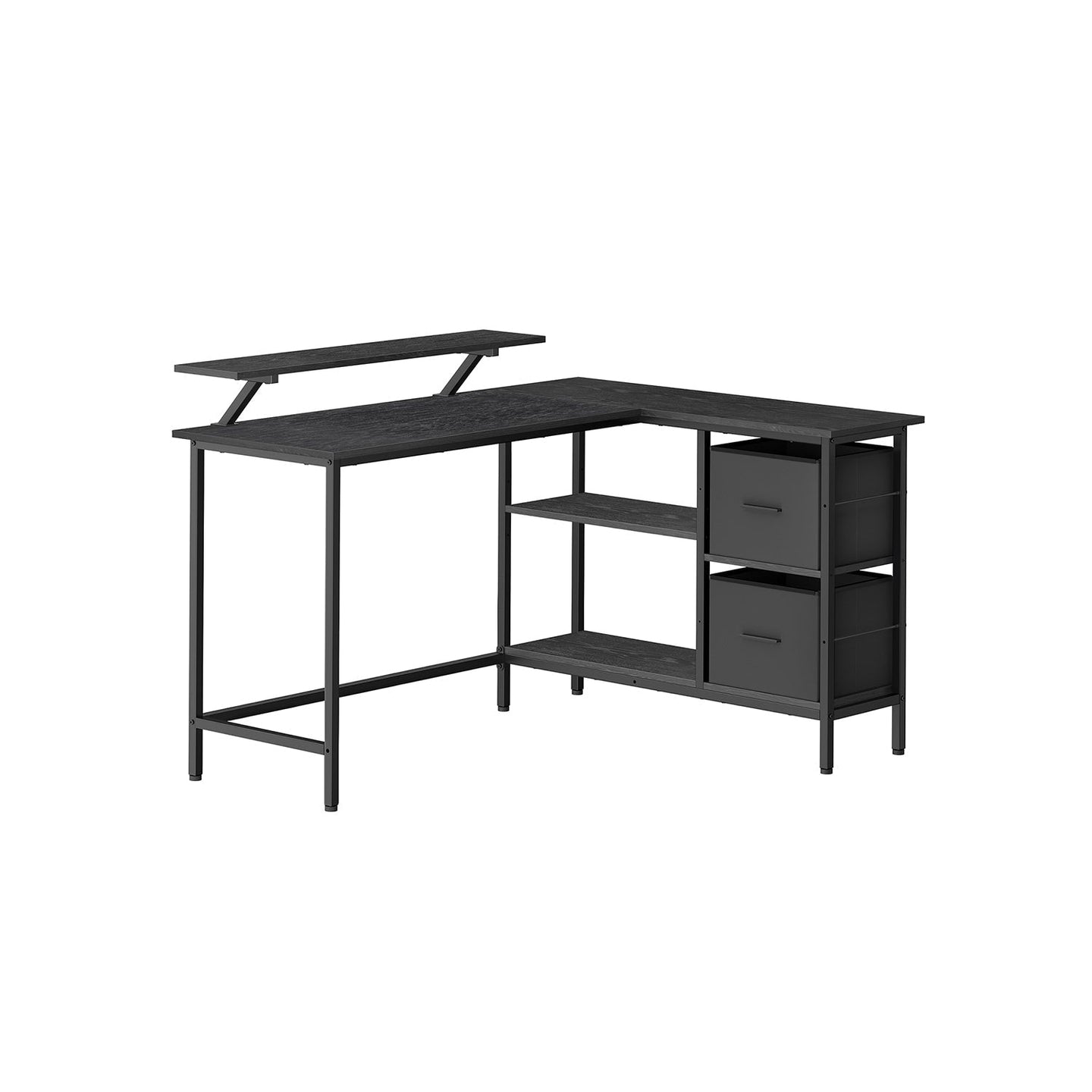 L-Shaped Desk - Wood - Rustic Brown - Spacious with Adjustable Monitor Stand and Storage Shelf