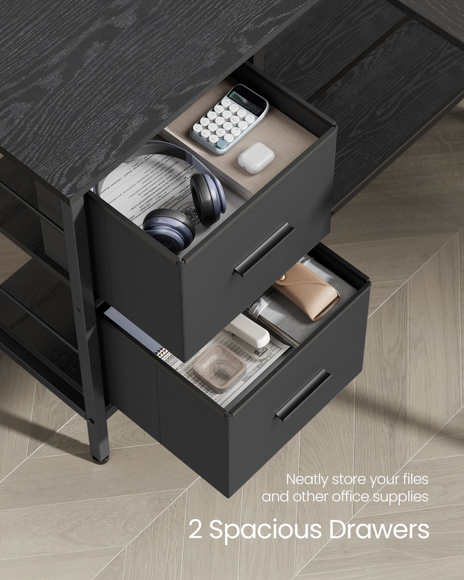 L-Shaped Desk - Wood - Ebony Black - 2 Spacious Drawers with Monitor Stand and Adjustable Storage Shelf