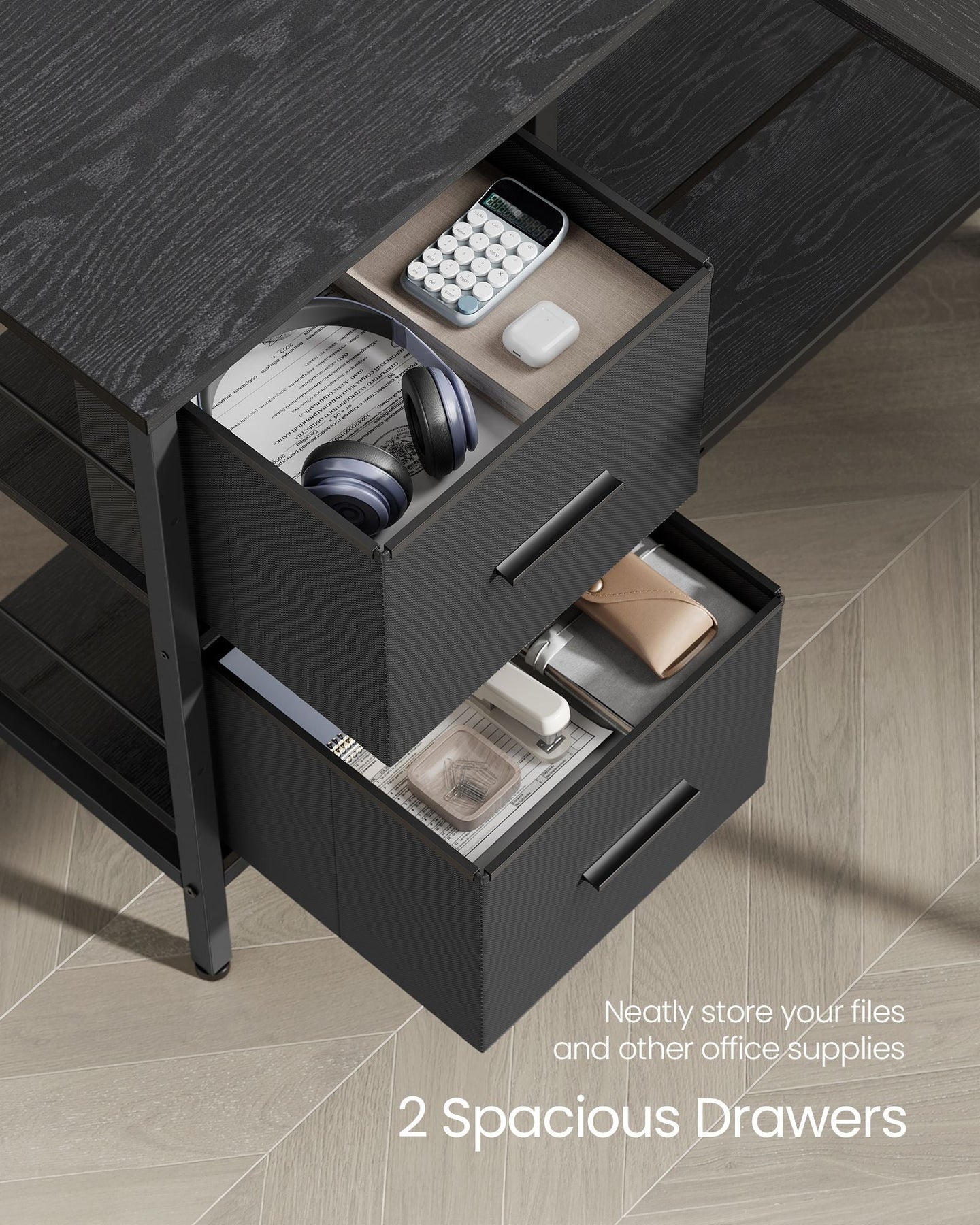 L-Shaped Desk - Wood - Ebony Black - 2 Spacious Drawers with Monitor Stand and Adjustable Storage Shelf