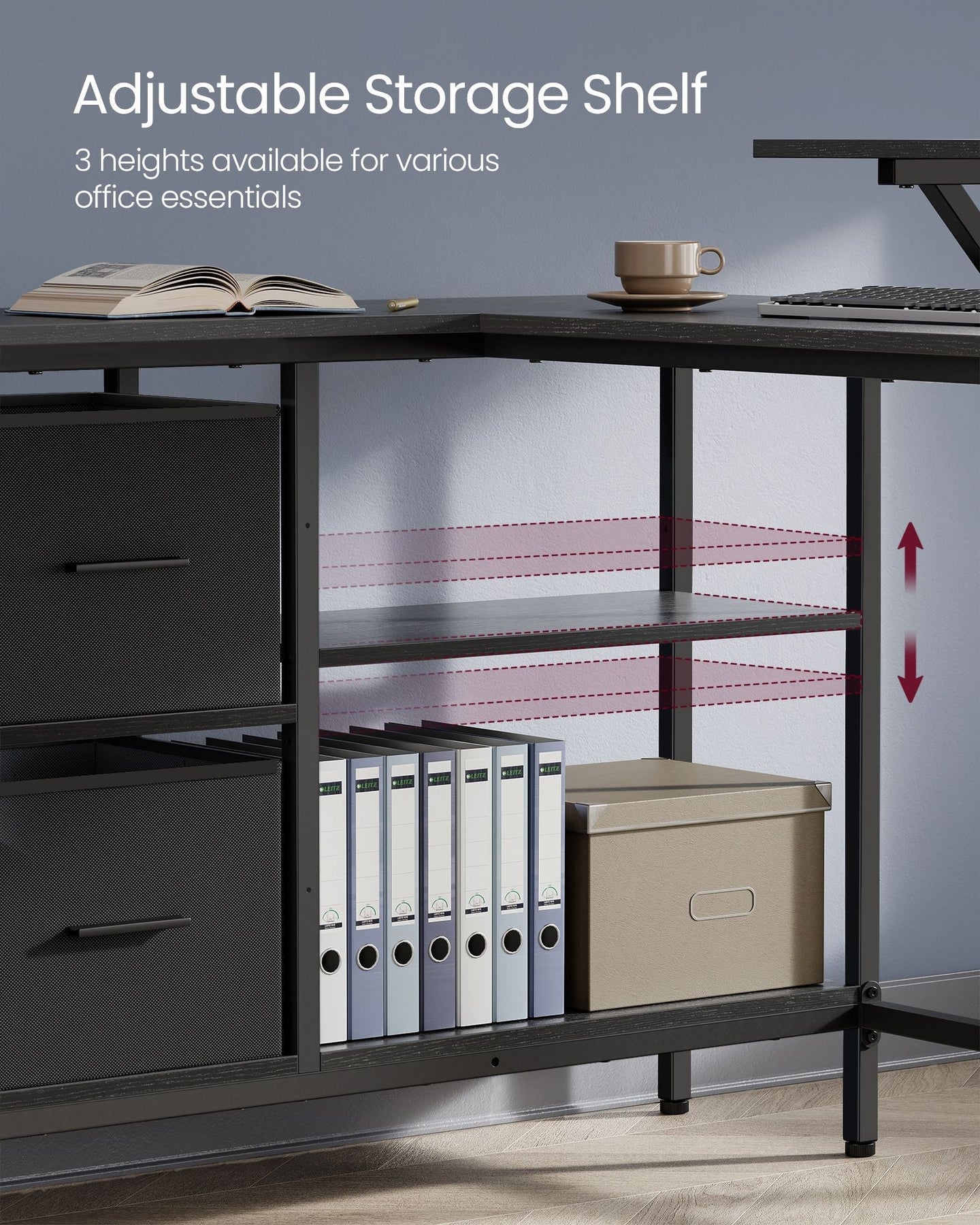 L-Shaped Desk - Wood - Ebony Black - 2 Spacious Drawers with Monitor Stand and Adjustable Storage Shelf
