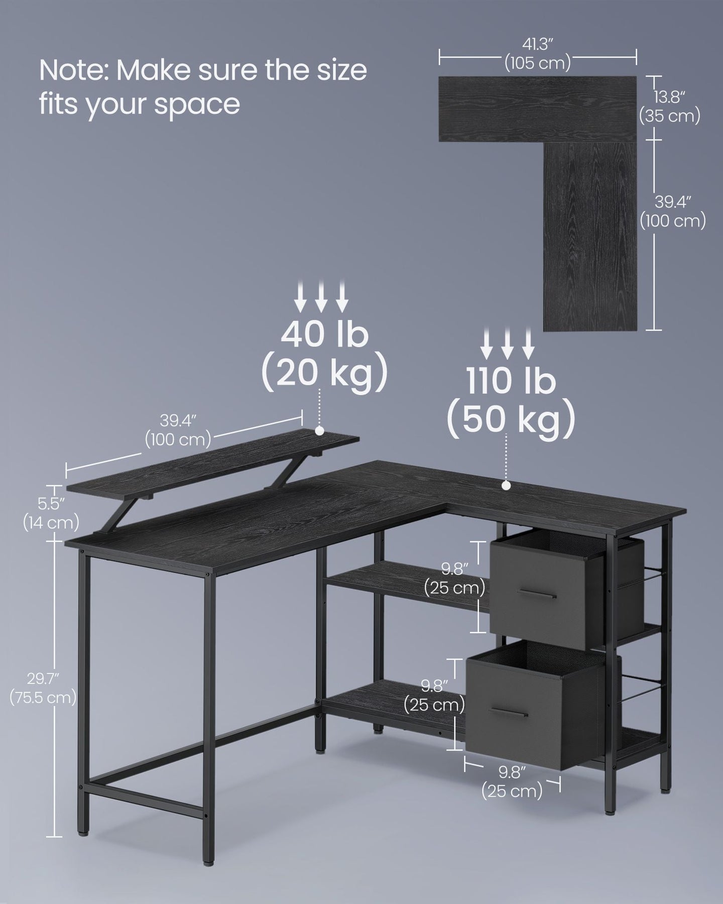 L-Shaped Desk - Wood - Ebony Black - 2 Spacious Drawers with Monitor Stand and Adjustable Storage Shelf