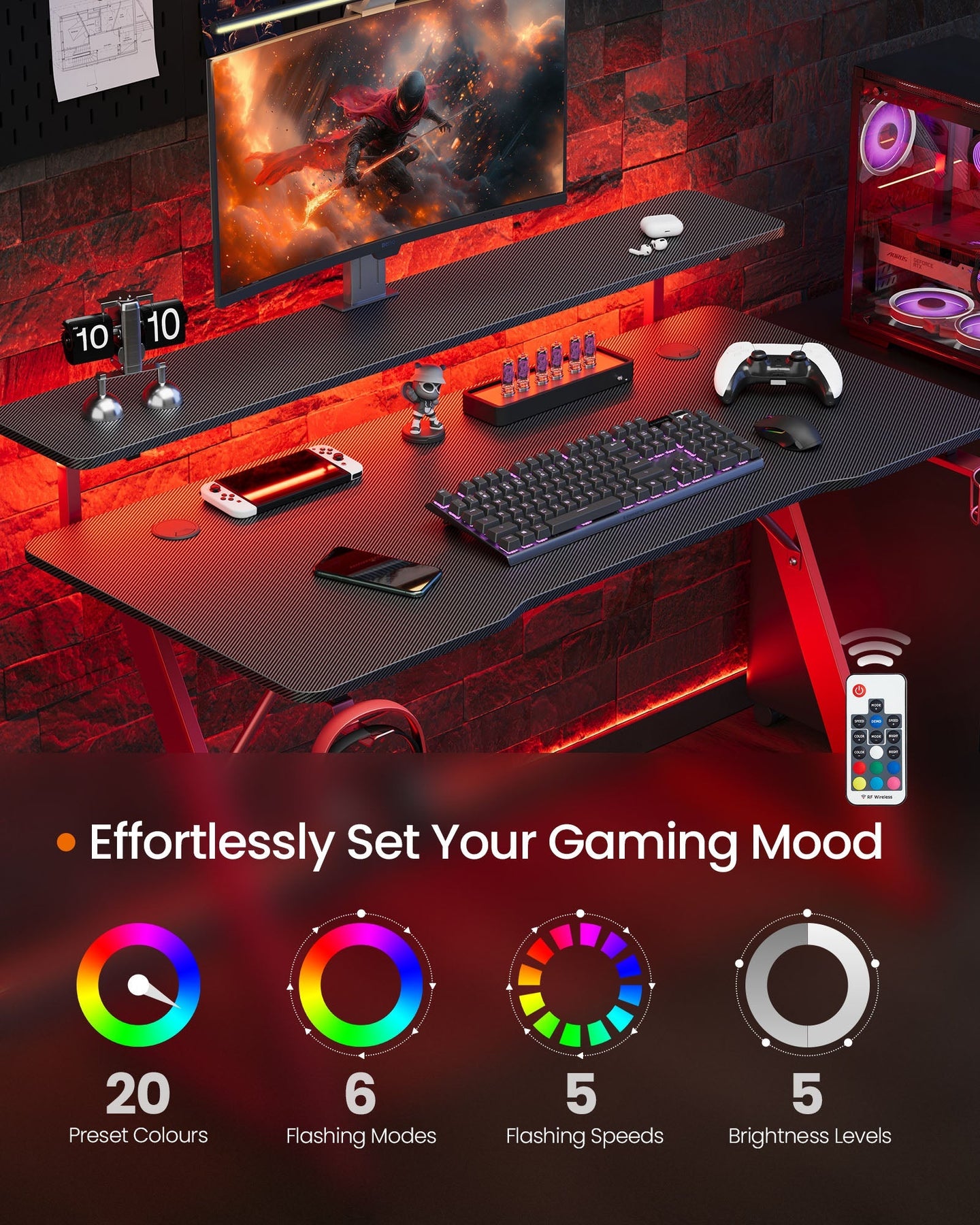 Gaming Desk - Carbon Black - Z-Shaped Design with LED Lights
