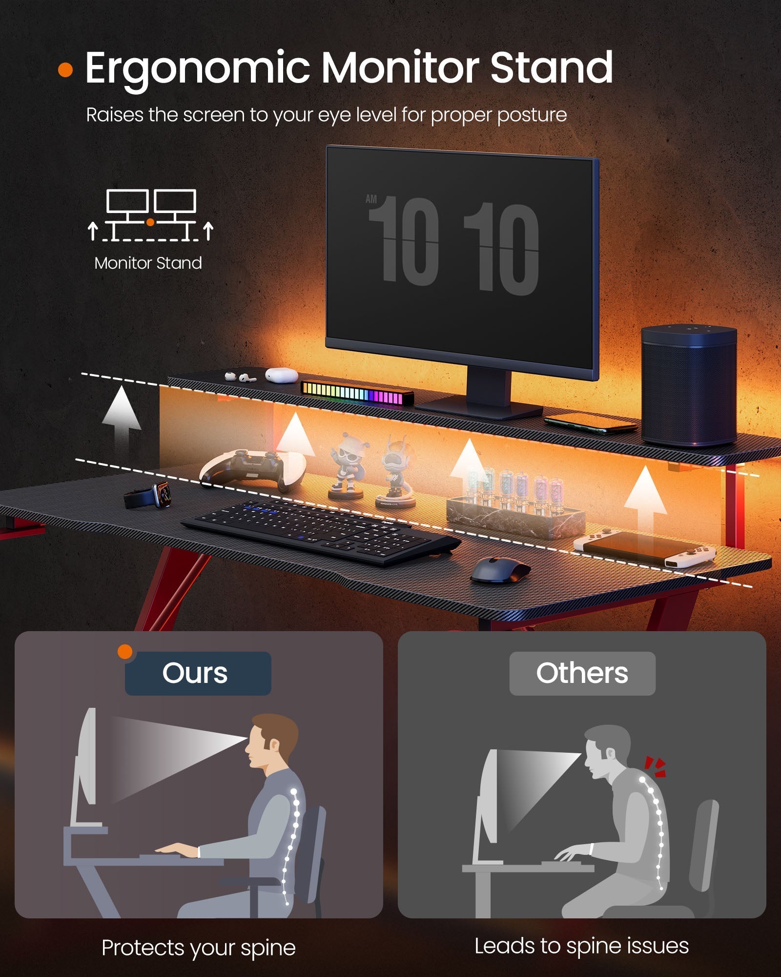 Gaming Desk - Carbon Black - Z-Shaped Design with LED Lights
