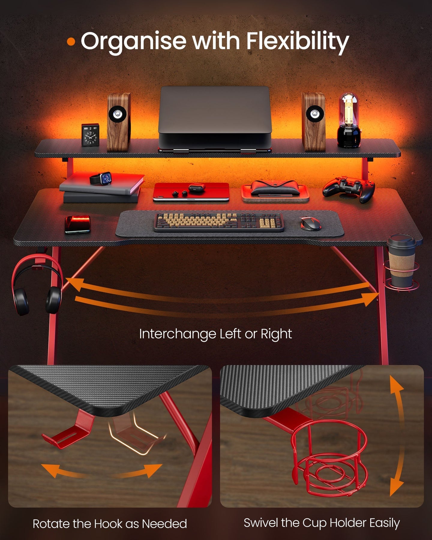 Gaming Desk - Carbon Black - Z-Shaped Design with LED Lights