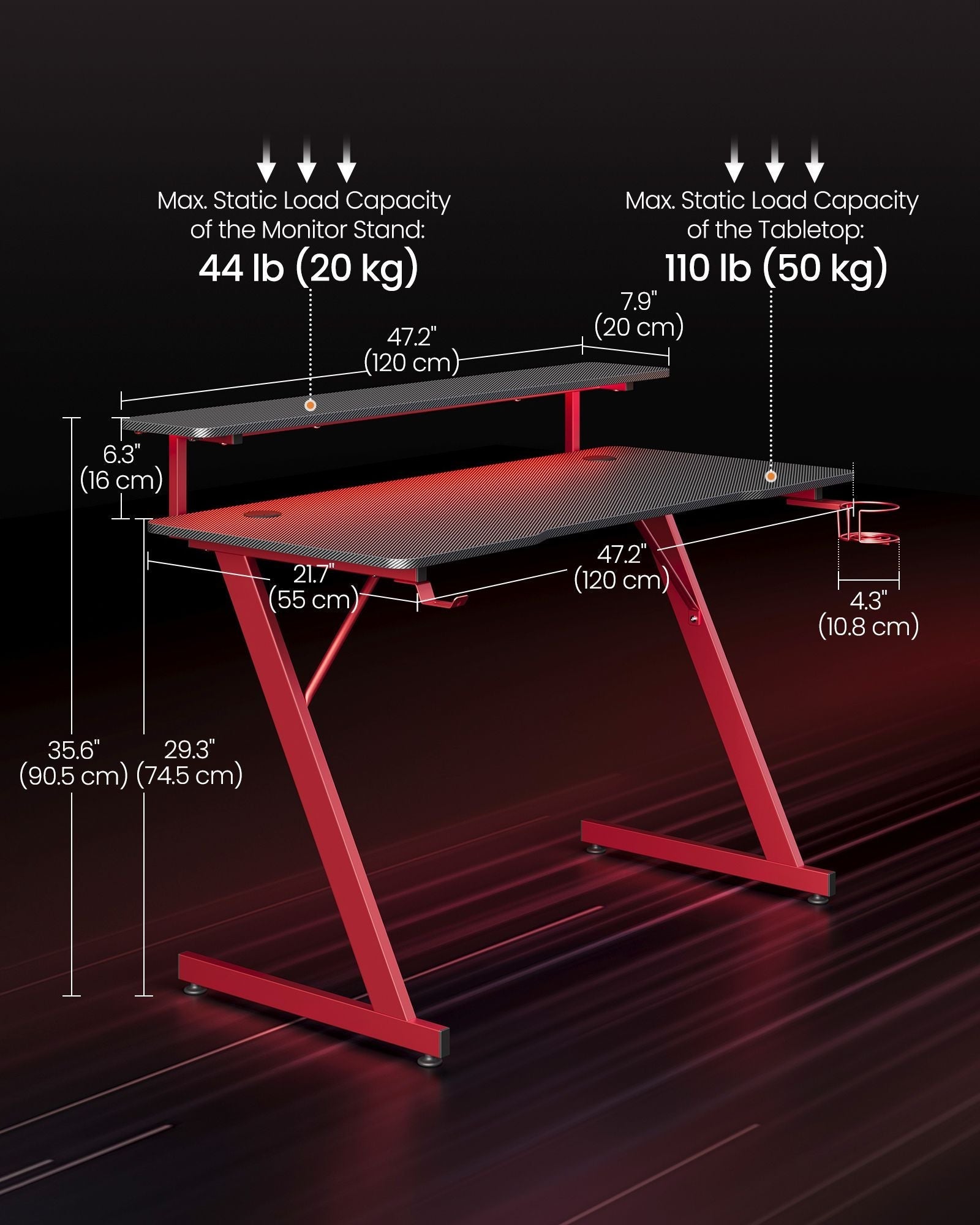 Gaming Desk - Carbon Black - Z-Shaped Design with LED Lights