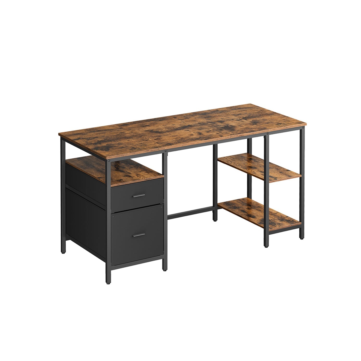 Computer Desk - Wood - Rustic Brown - Includes 3 Shelves and 2 Drawers