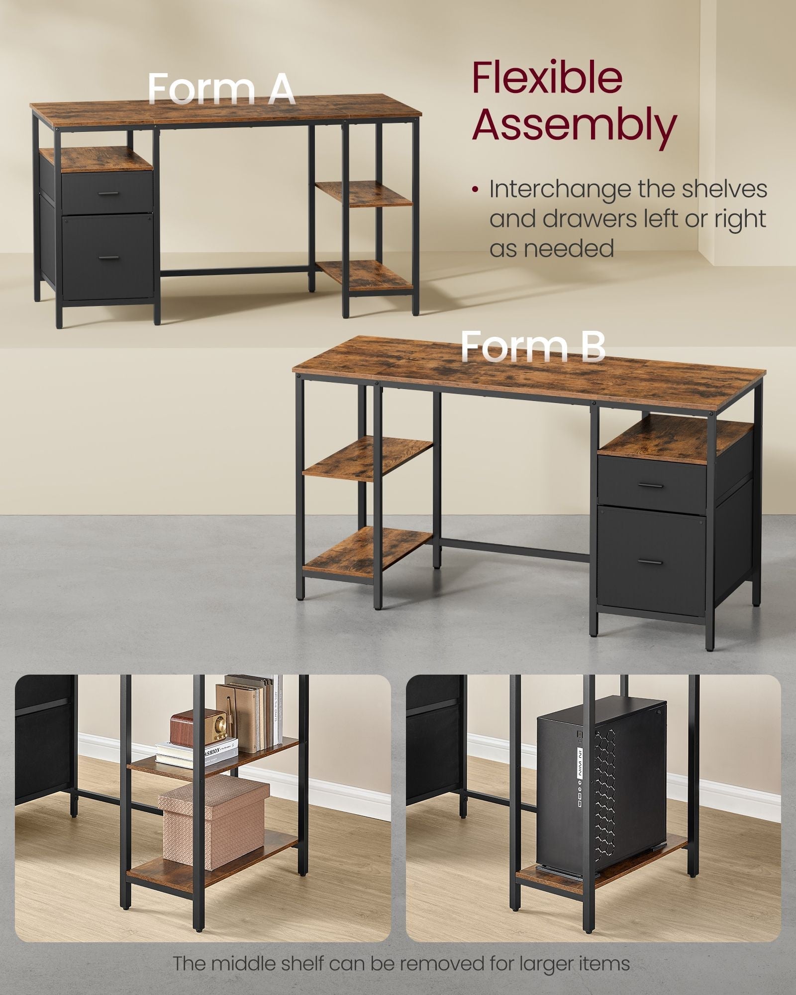 Computer Desk - Wood - Rustic Brown - Includes 3 Shelves and 2 Drawers