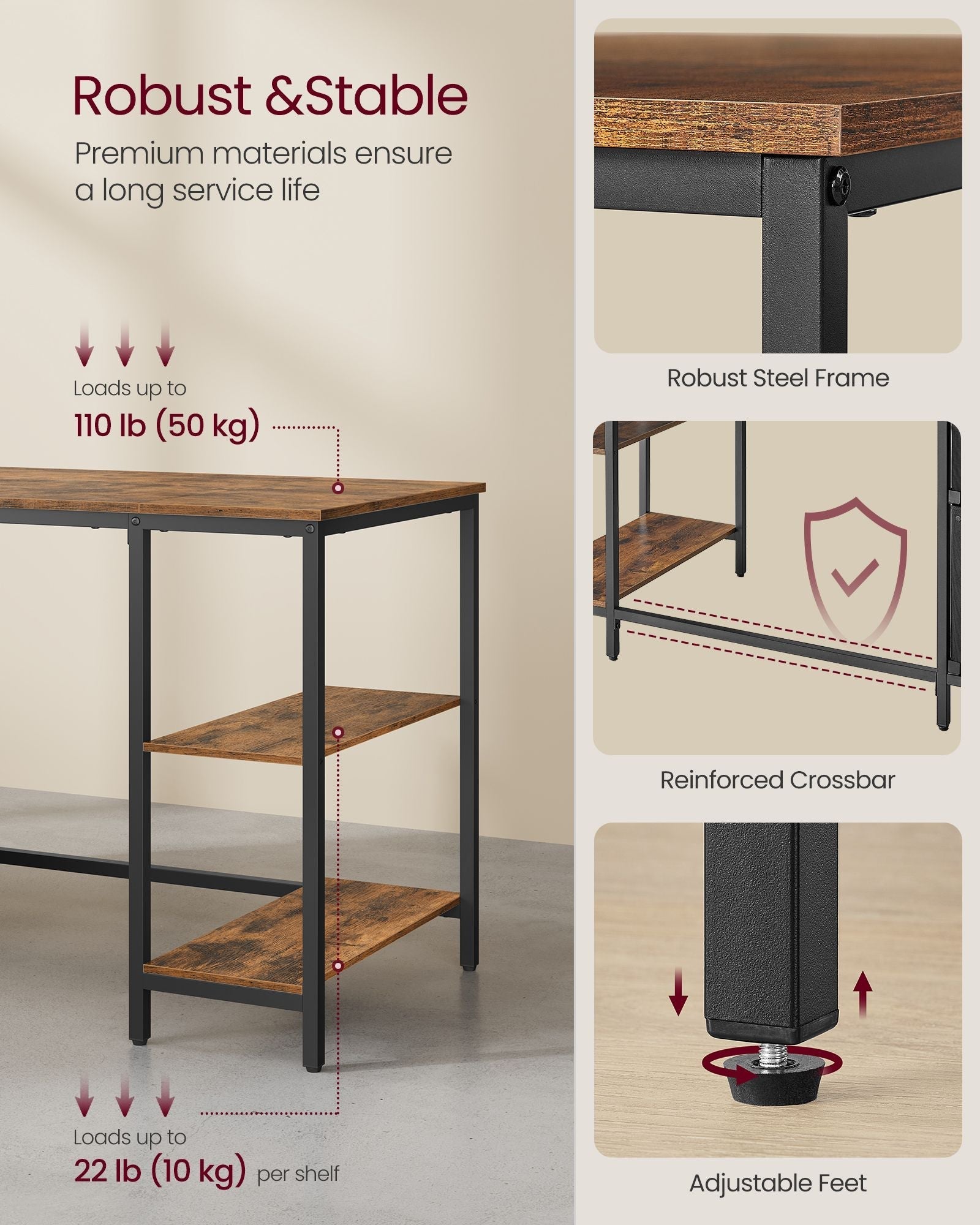 Computer Desk - Wood - Rustic Brown - Includes 3 Shelves and 2 Drawers