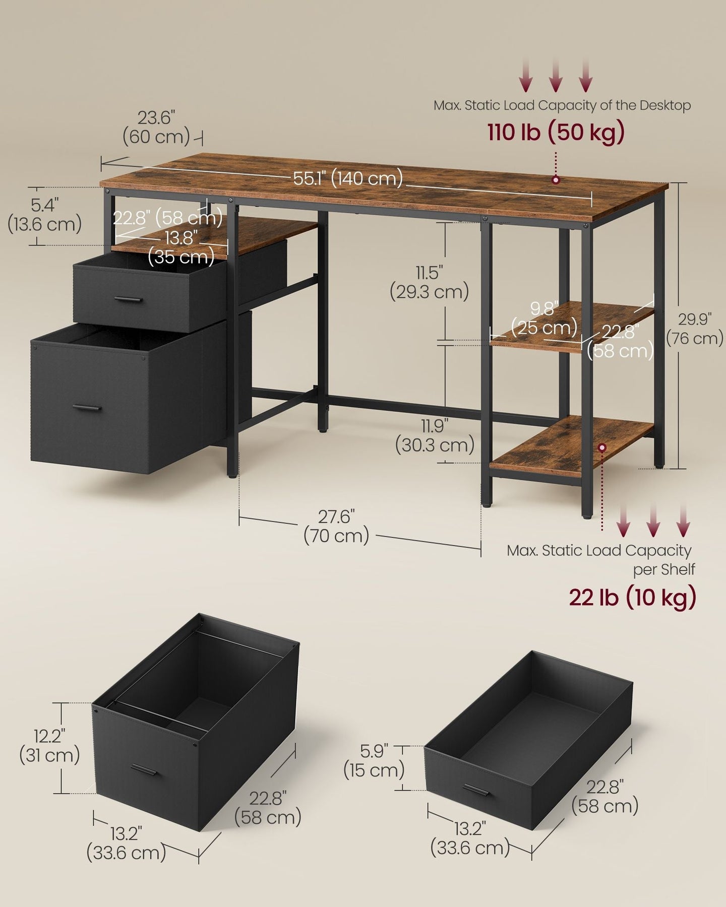 Computer Desk - Wood - Rustic Brown - Includes 3 Shelves and 2 Drawers