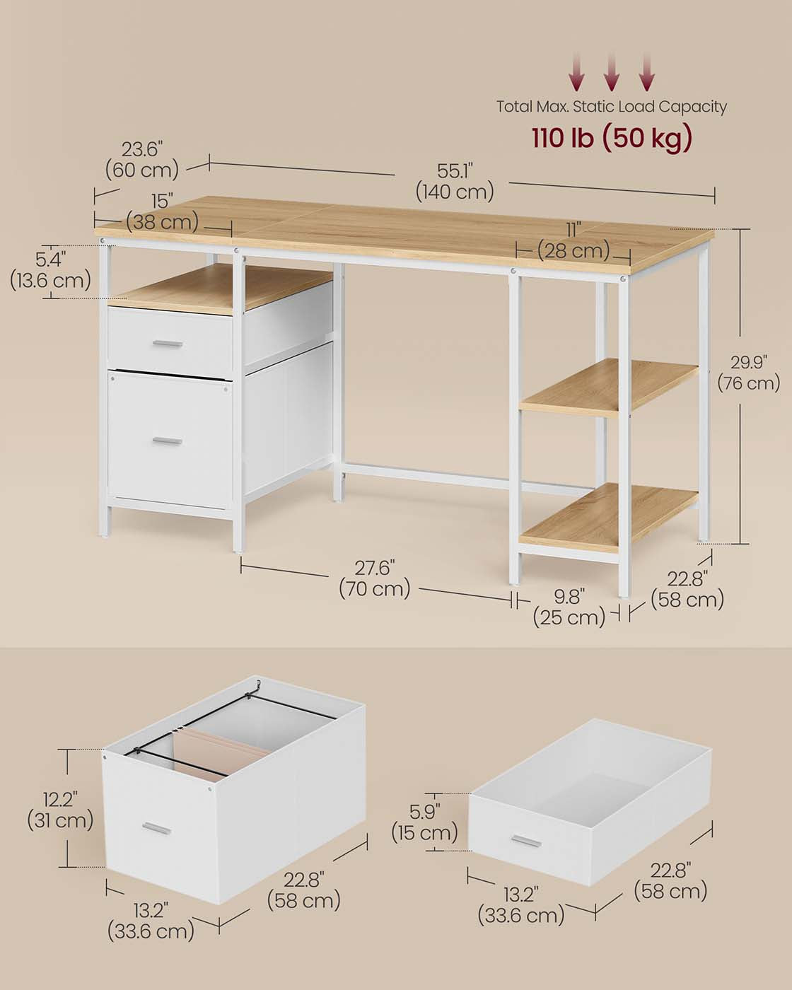 Computer Desk - Wood - Natural Oak - Includes Shelves and Drawers