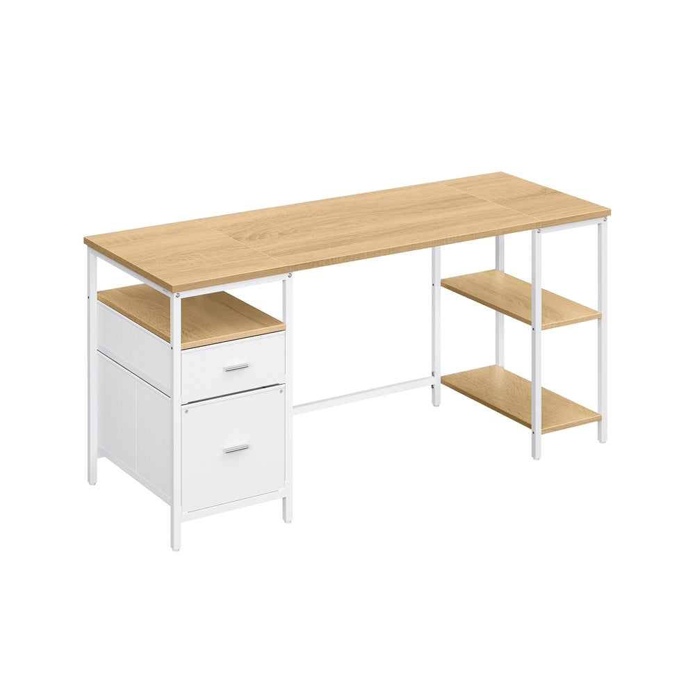 Computer Desk 3 Shelves 2 Drawers - Wood and Steel - Natural Oak and Cloud White