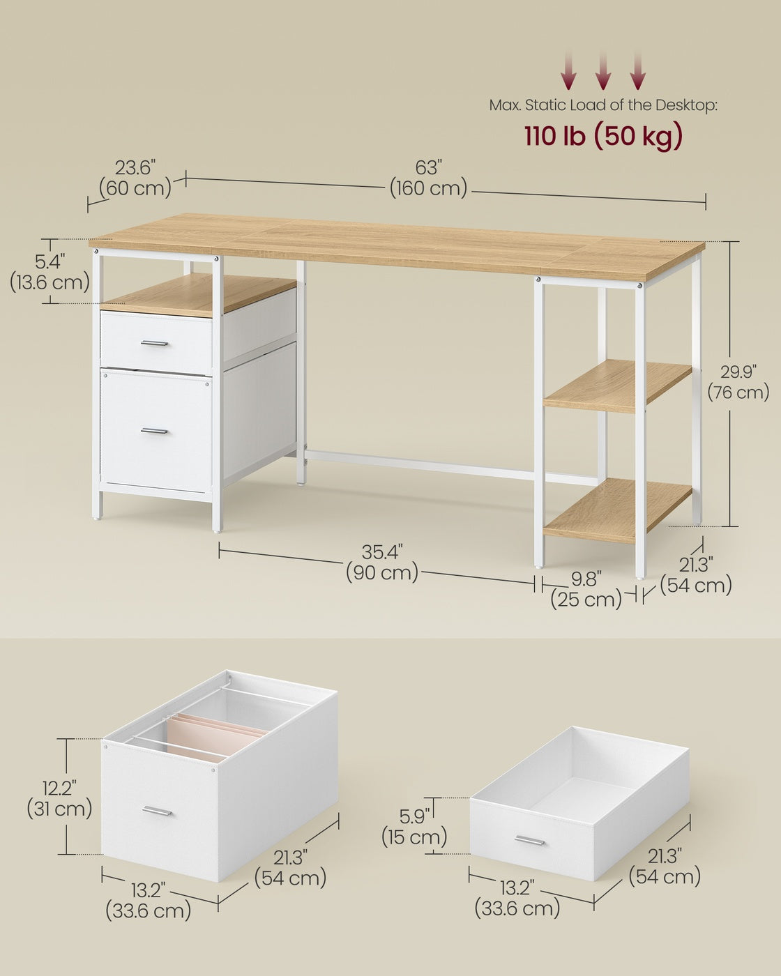 Computer Desk - 2 Drawers - 3 Storage Shelves