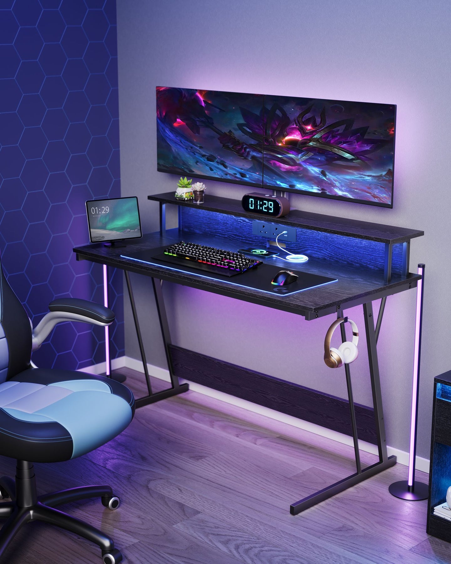 Gaming Desk - Wood - Black - LED Lights and Built-In Power Outlets with Monitor Shelf