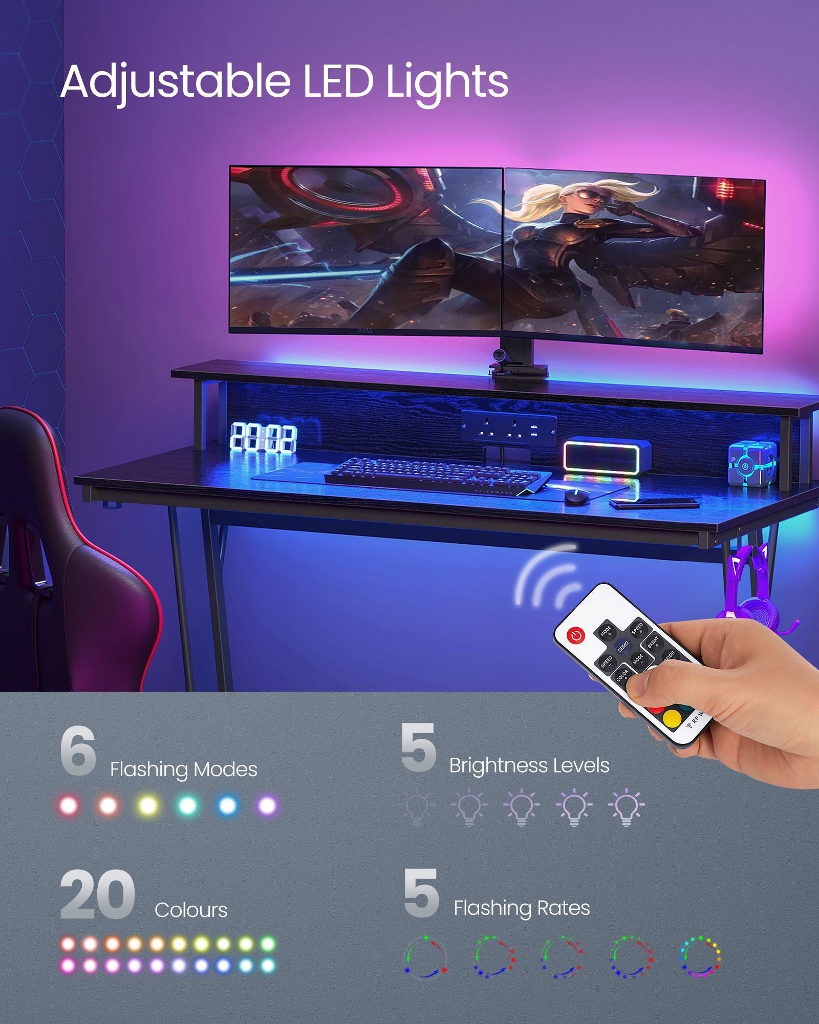 Gaming Desk - Wood - Black - LED Lights and Built-In Power Outlets with Monitor Shelf