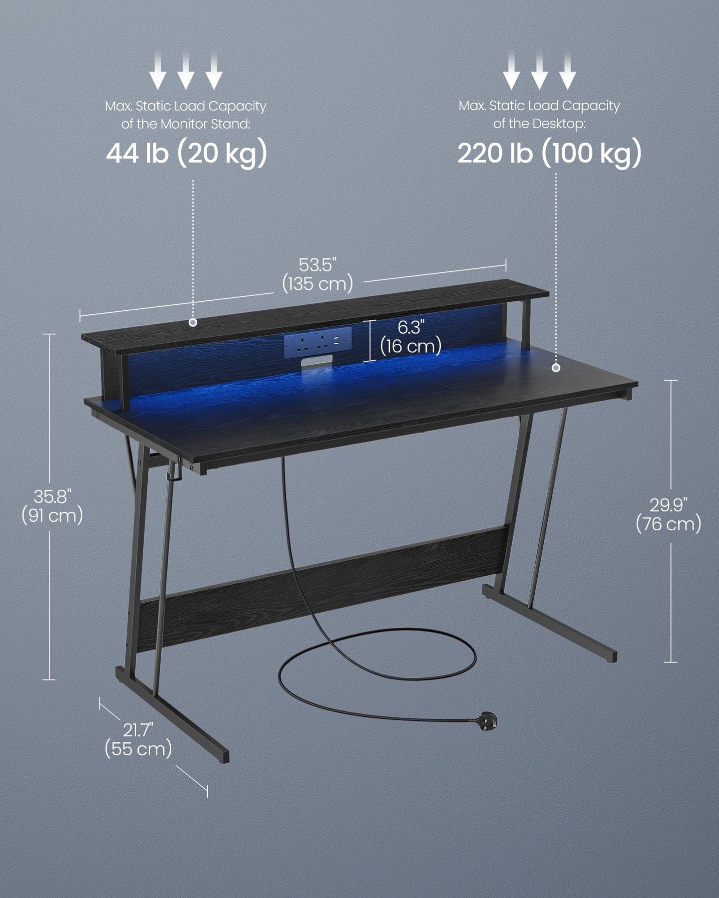 Gaming Desk - Wood - Black - LED Lights and Built-In Power Outlets with Monitor Shelf
