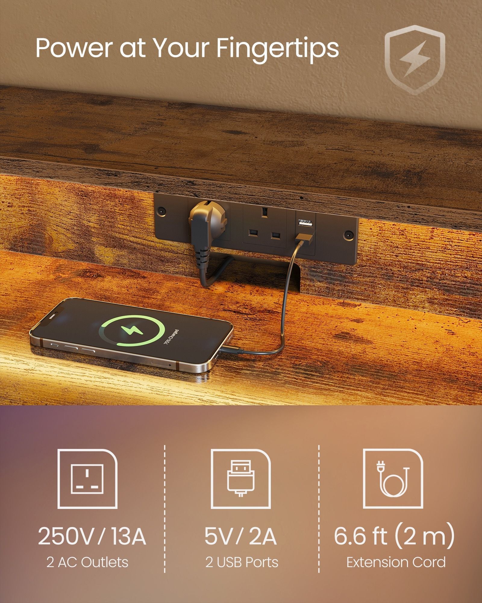 Gaming Desk - MDF - Black - LED Lighting and Built-In Power Outlets