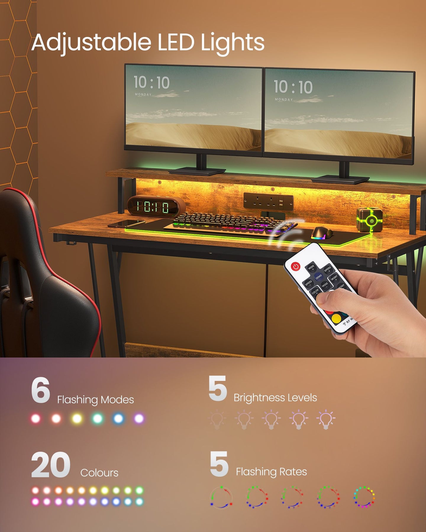 Gaming Desk - MDF - Black - LED Lighting and Built-In Power Outlets