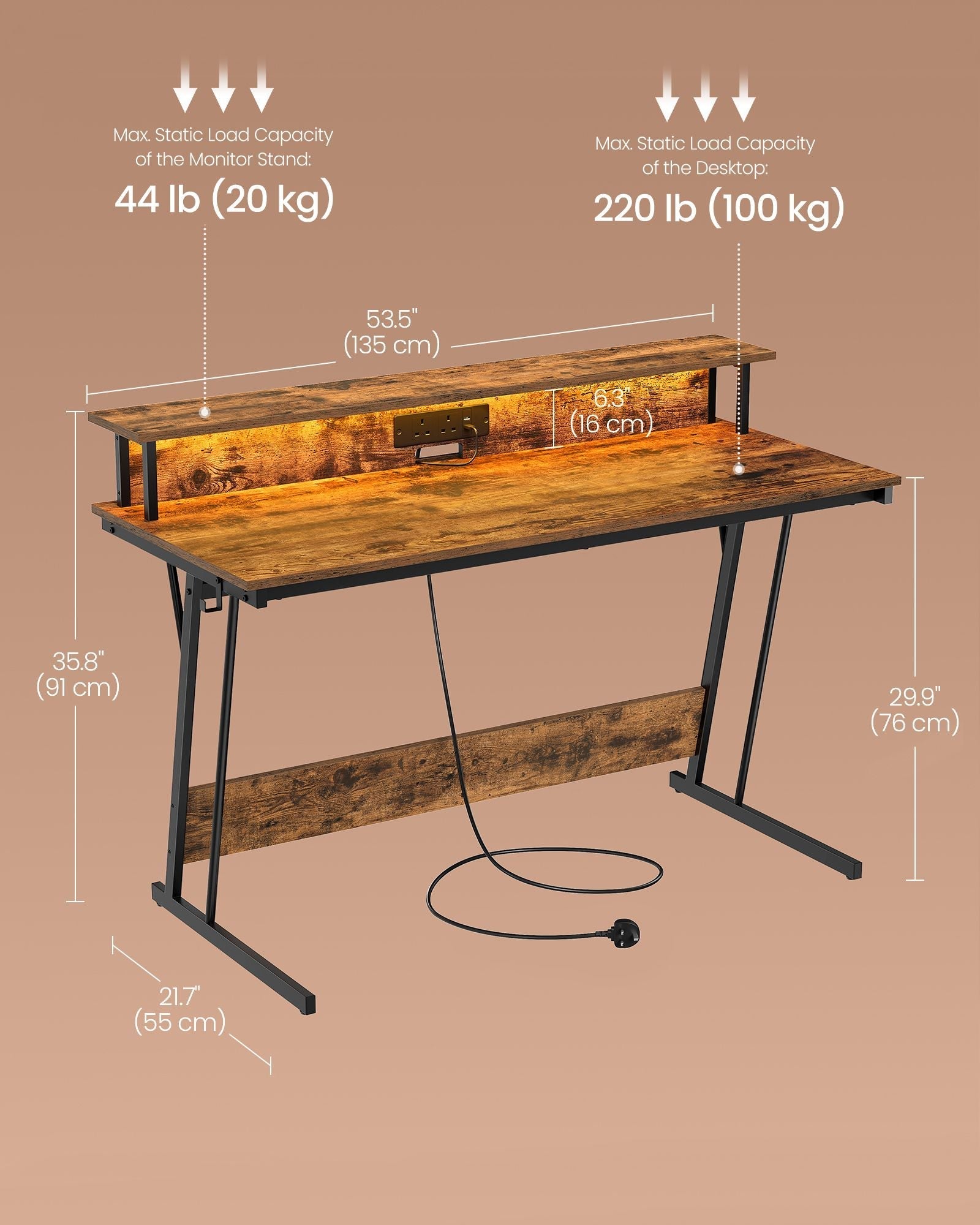 Gaming Desk - MDF - Black - LED Lighting and Built-In Power Outlets