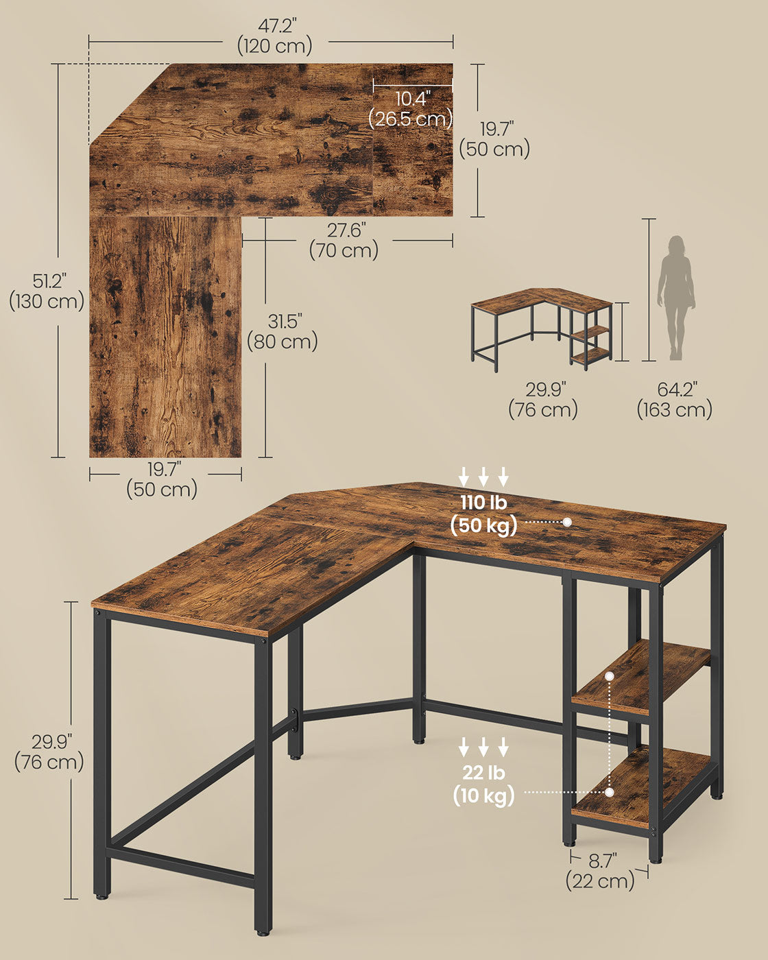 L-Shaped Computer Desk - Wood - Rustic Brown