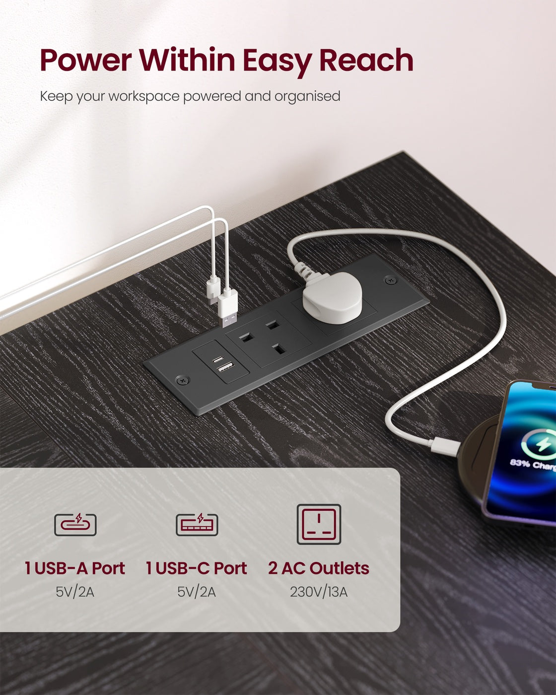 L Shaped Corner Desk - 110 x 80 cm - Particleboard - Power Outlets