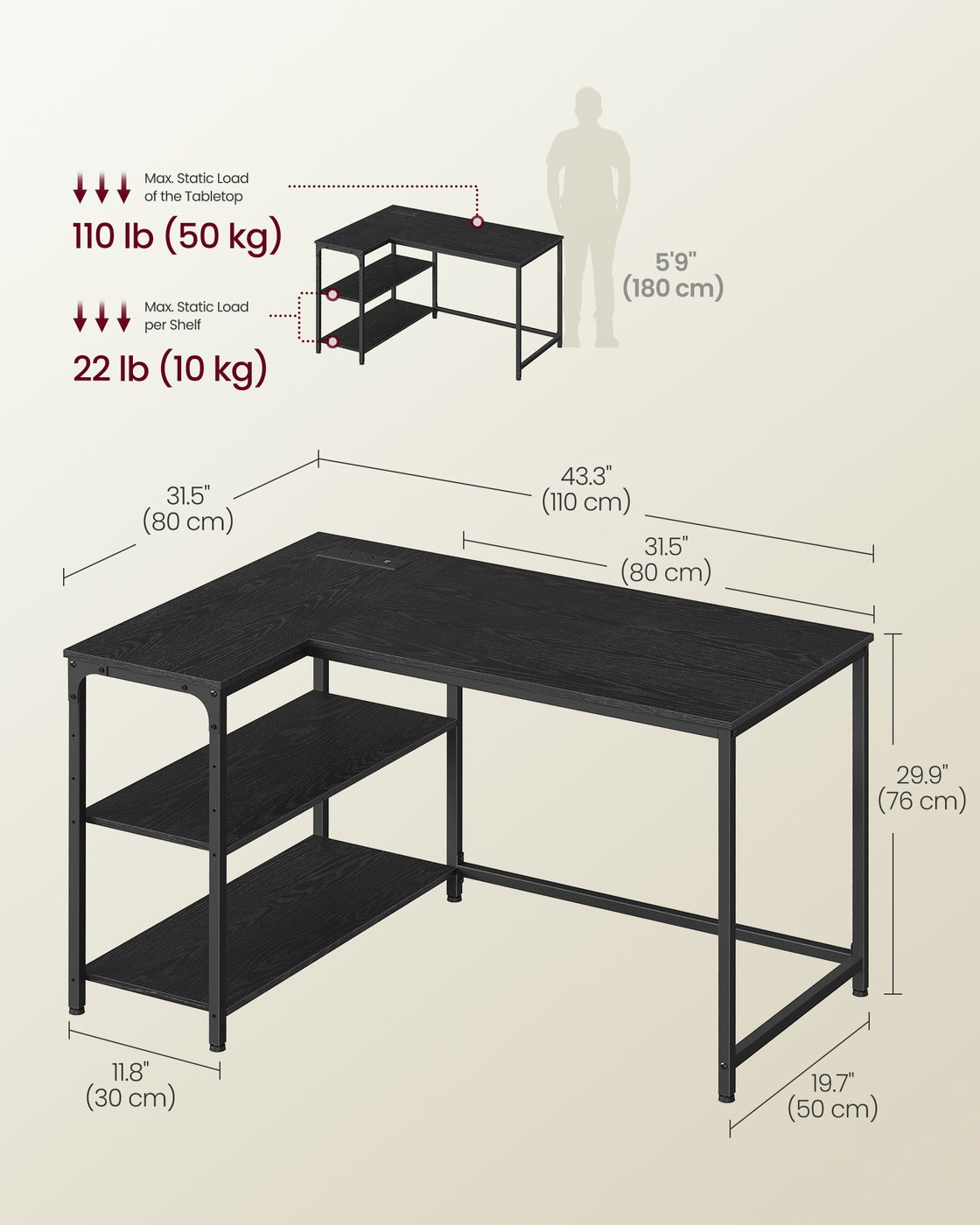 L Shaped Corner Desk - 110 x 80 cm - Particleboard - Power Outlets