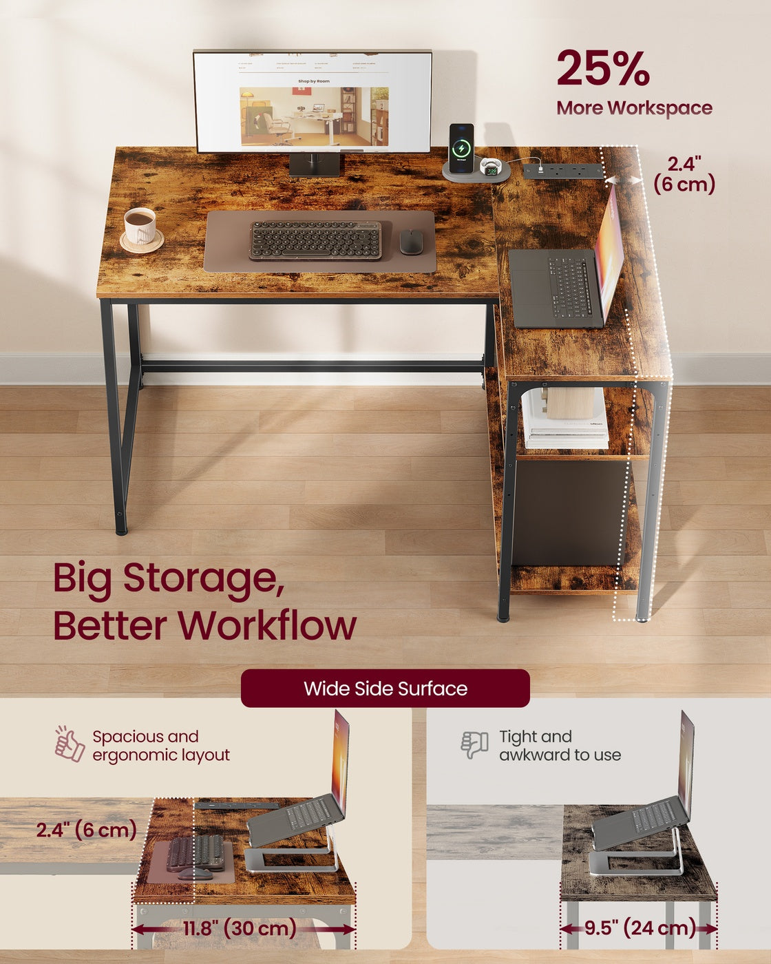 L Shaped Corner Desk - 110 x 80 - Particleboard - Height-Adjustable Shelves