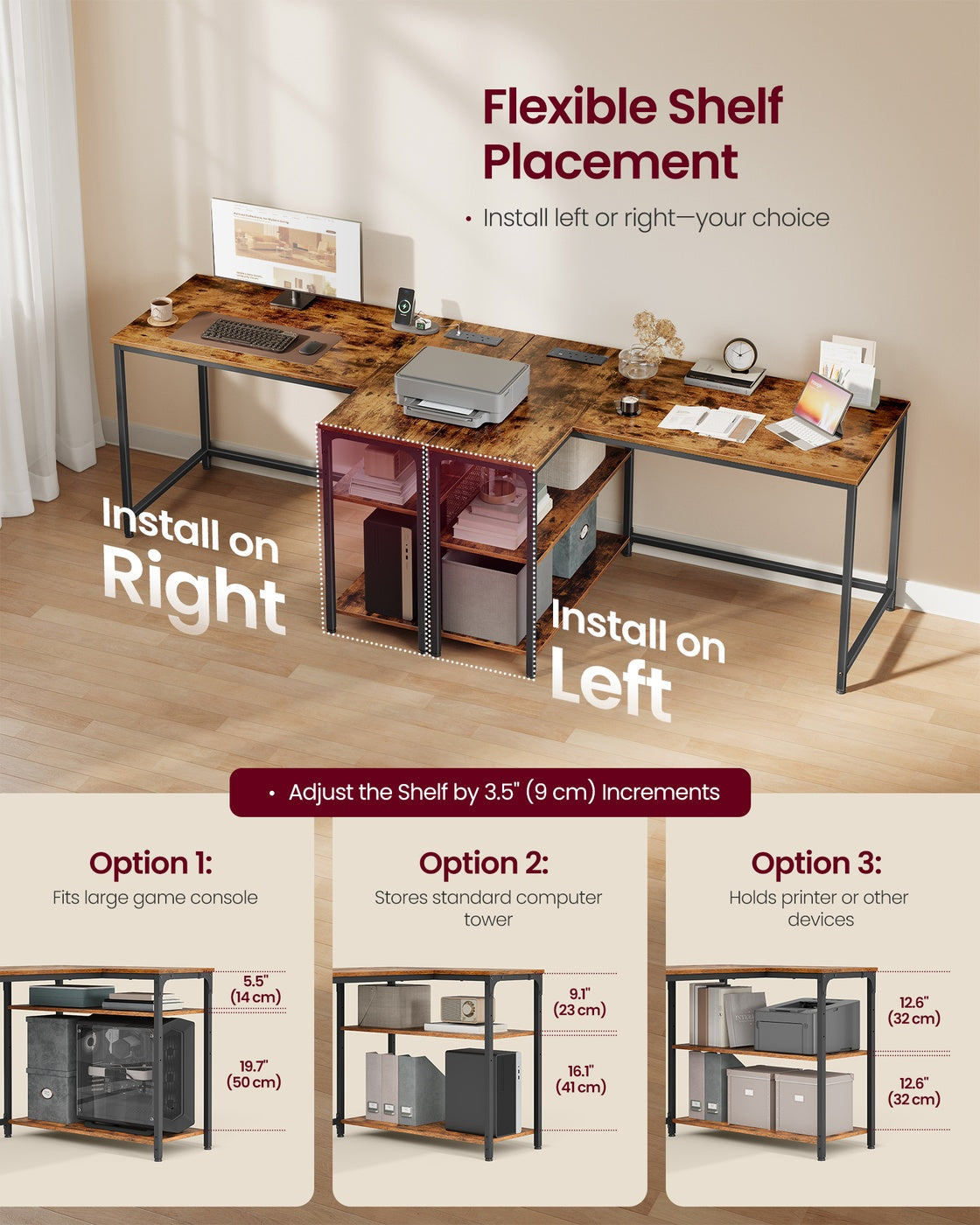 L Shaped Corner Desk - 110 x 80 - Particleboard - Height-Adjustable Shelves