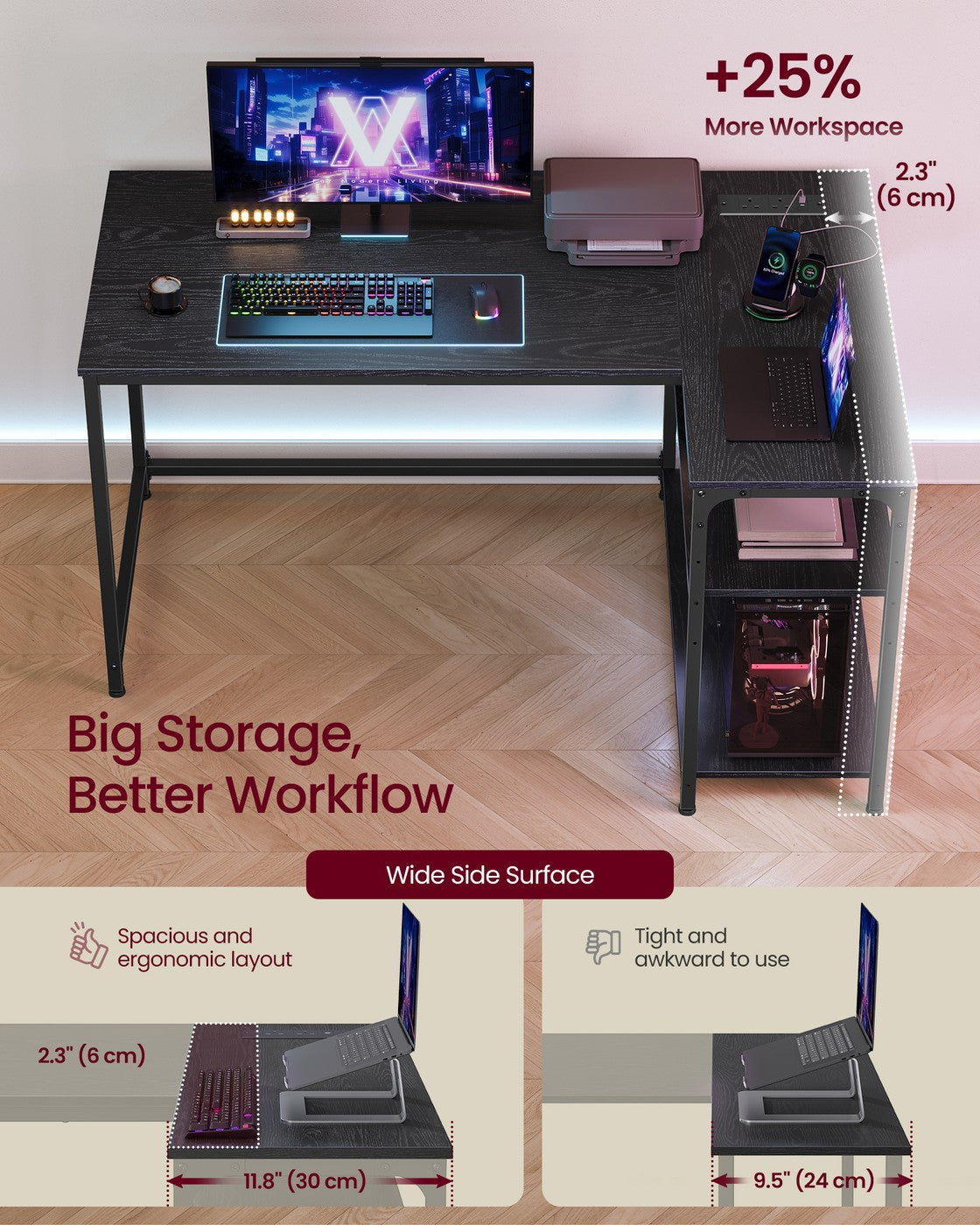 L Shaped Corner Desk - 120L - Particleboard - Power Outlets