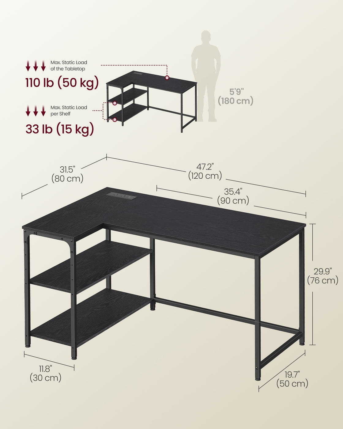 L Shaped Corner Desk - 120L - Particleboard - Power Outlets