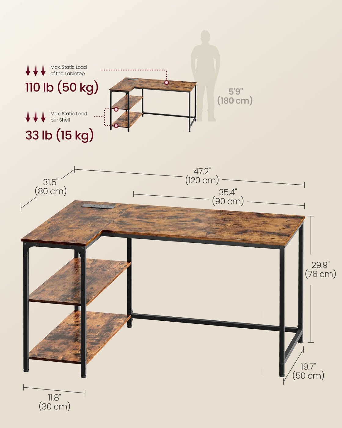 L Shaped Corner Desk - 120x80 - Particleboard - Power Outlets