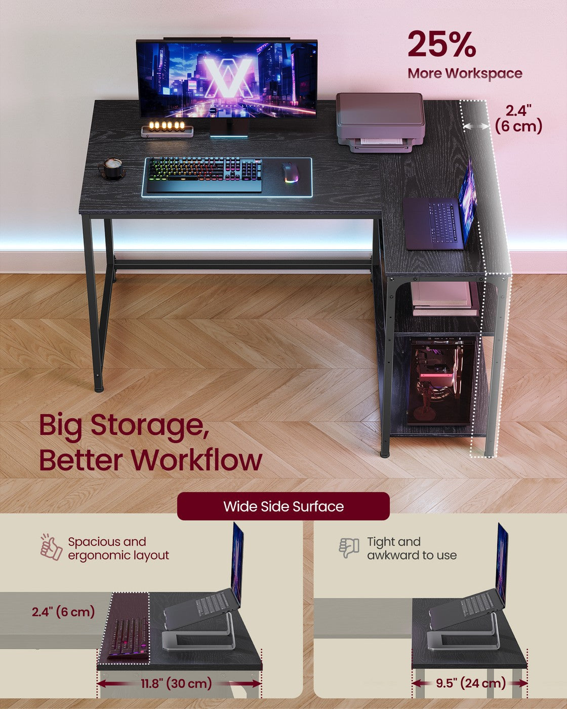 L Shaped Corner Desk - 110L - Particleboard - Storage