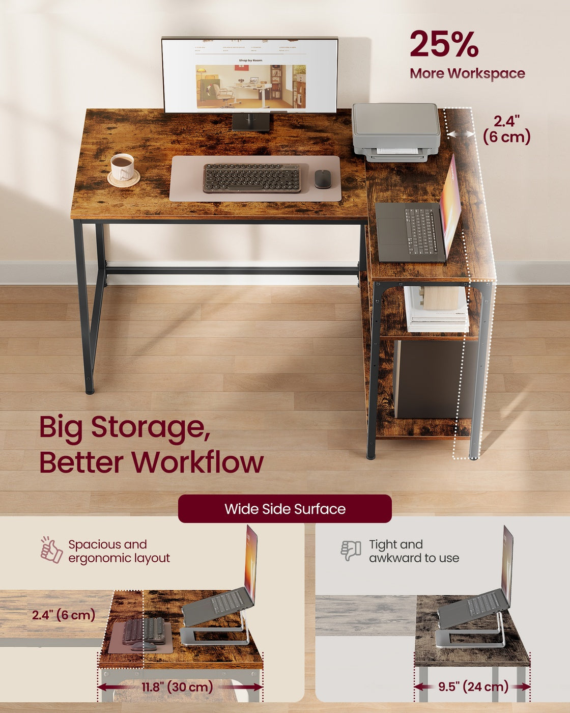 L Shaped Corner Desk - 110 x 80 - Particleboard - Reversible Height-Adjustable Shelves