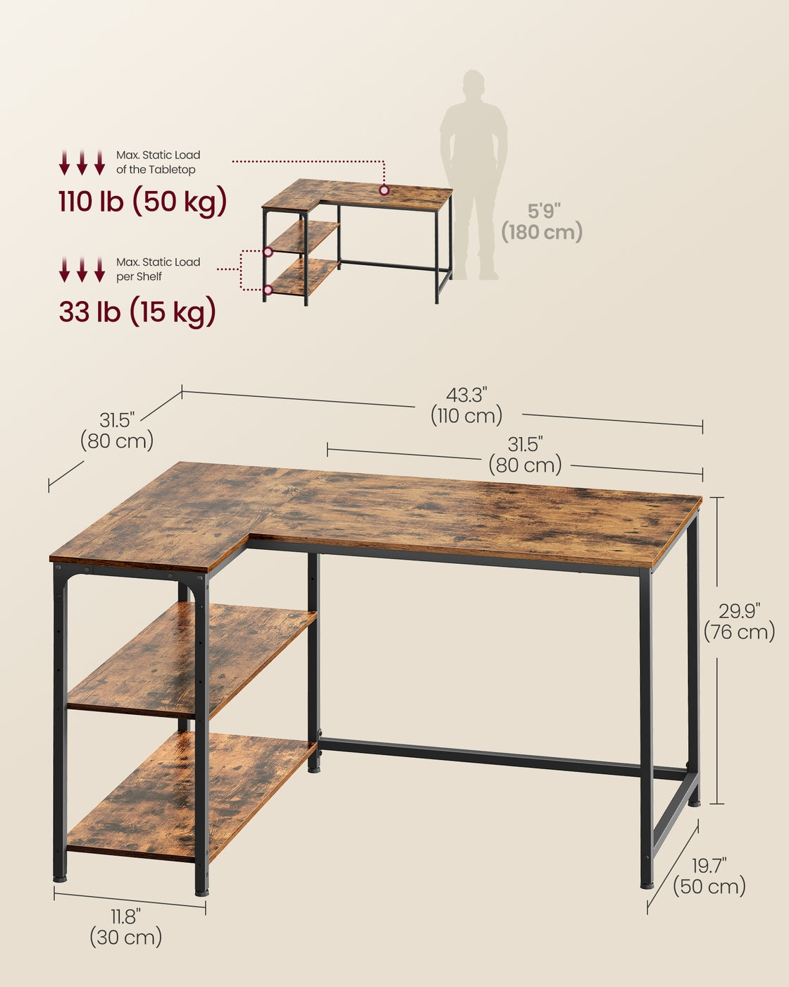 L Shaped Corner Desk - 110 x 80 - Particleboard - Reversible Height-Adjustable Shelves