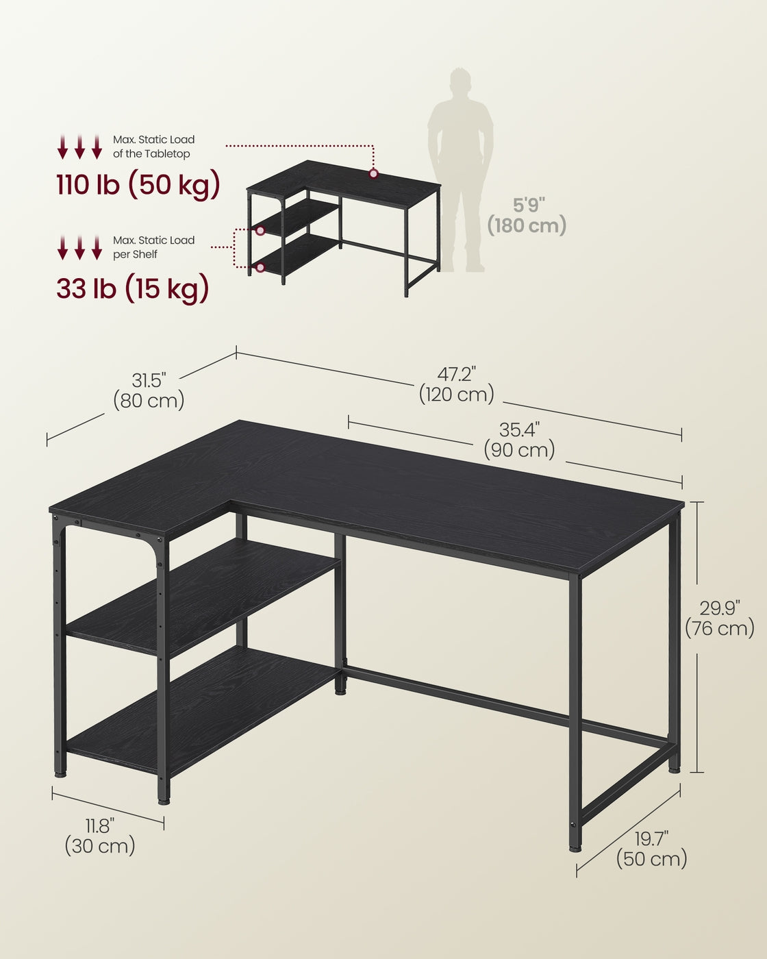 L Shaped Corner Desk - 120 x 80 - Particleboard - Reversible Height-Adjustable Shelves