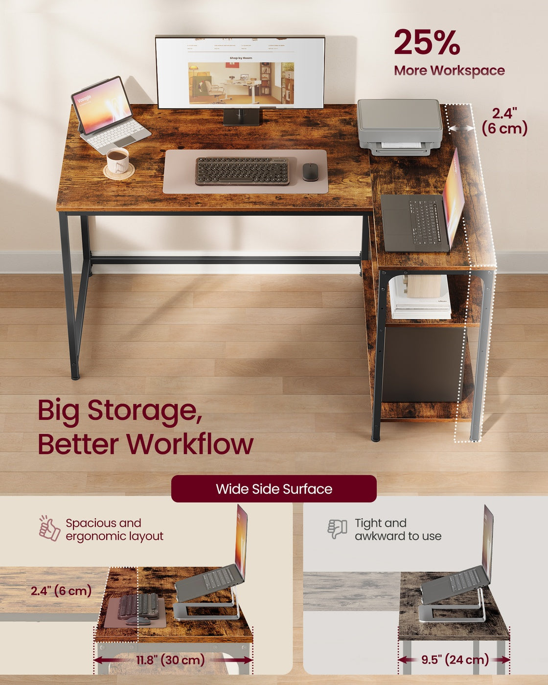 L Shaped Corner Desk - 120 x 80 cm - Particleboard - Reversible Height-Adjustable Shelves