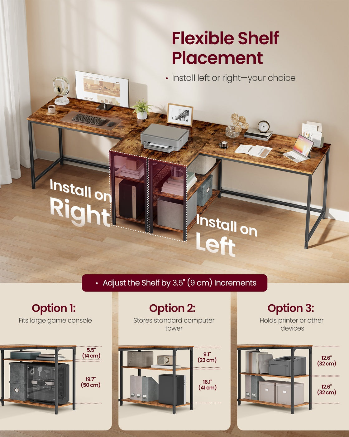L Shaped Corner Desk - 120 x 80 cm - Particleboard - Reversible Height-Adjustable Shelves
