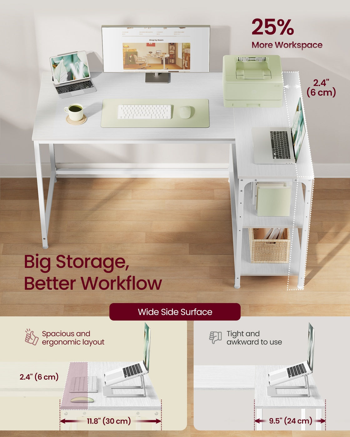 L Shaped Corner Desk - 120L - Particleboard - Reversible Height-Adjustable Shelves