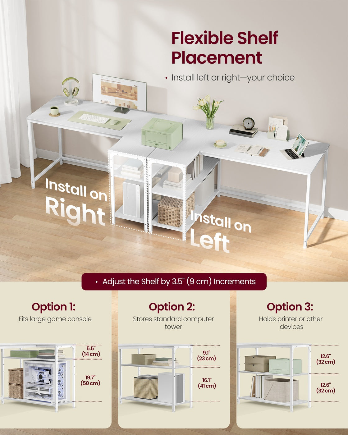 L Shaped Corner Desk - 120L - Particleboard - Reversible Height-Adjustable Shelves