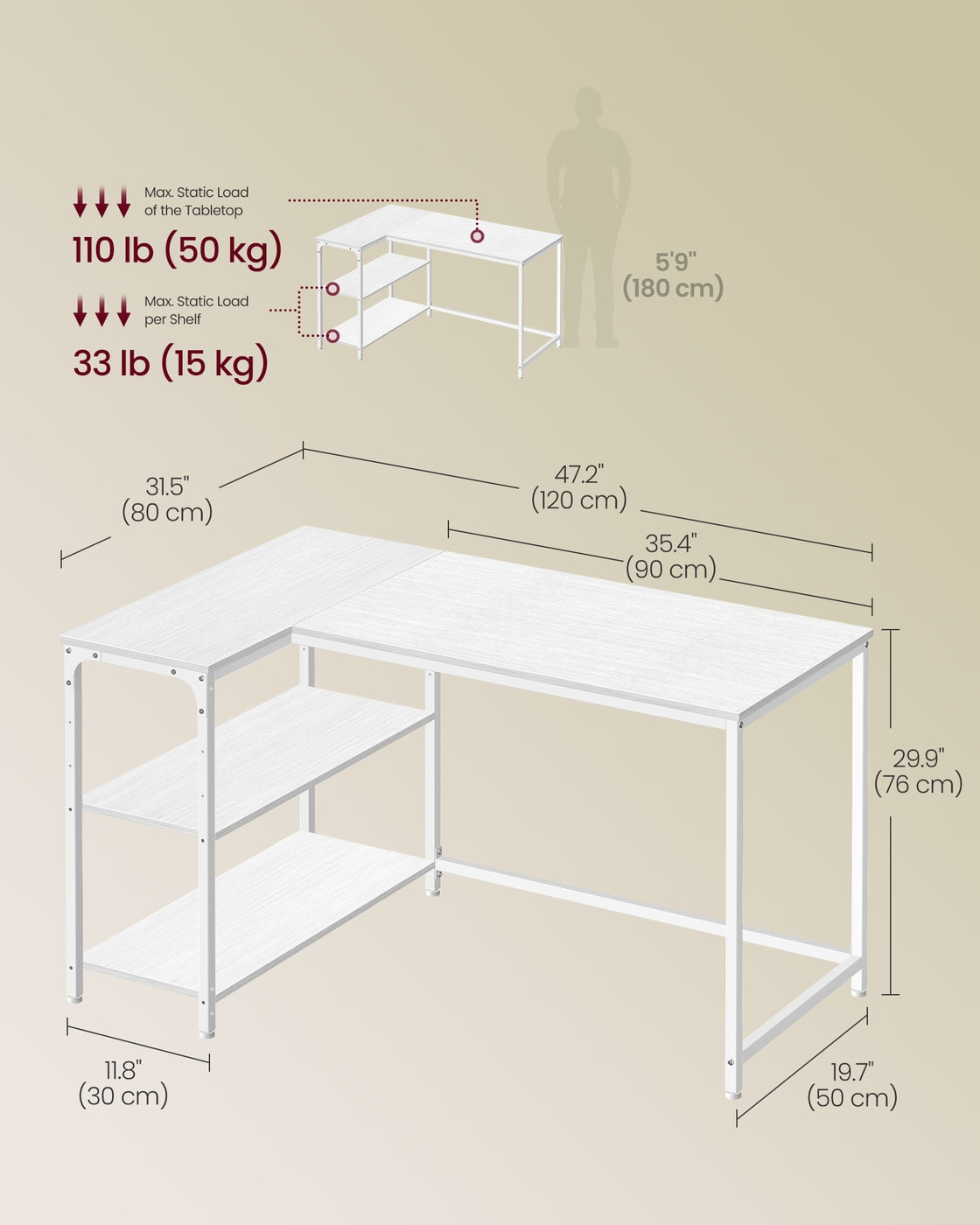 L Shaped Corner Desk - 120L - Particleboard - Reversible Height-Adjustable Shelves