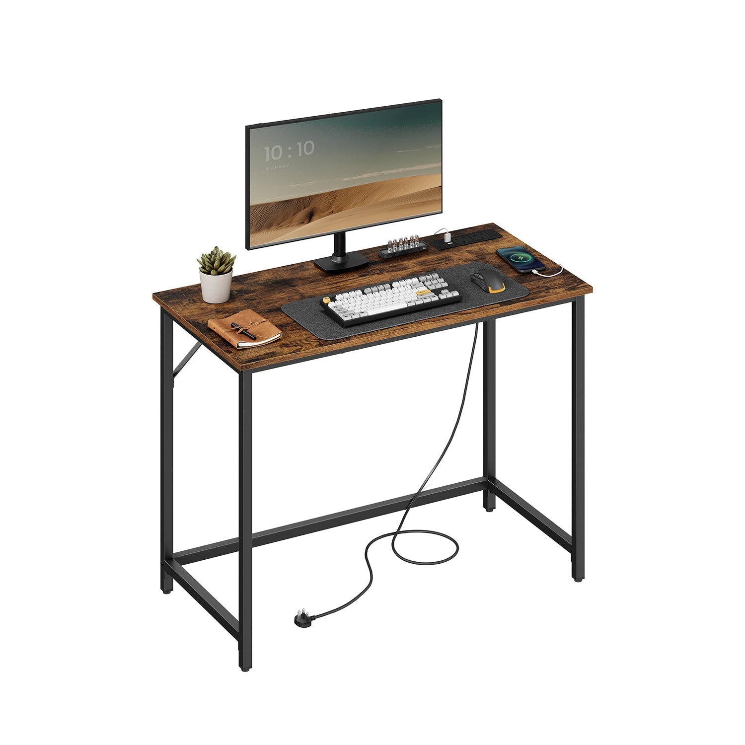 Computer Desk - Wood - Rustic Brown - With LED Lights and Built-In Power Outlets