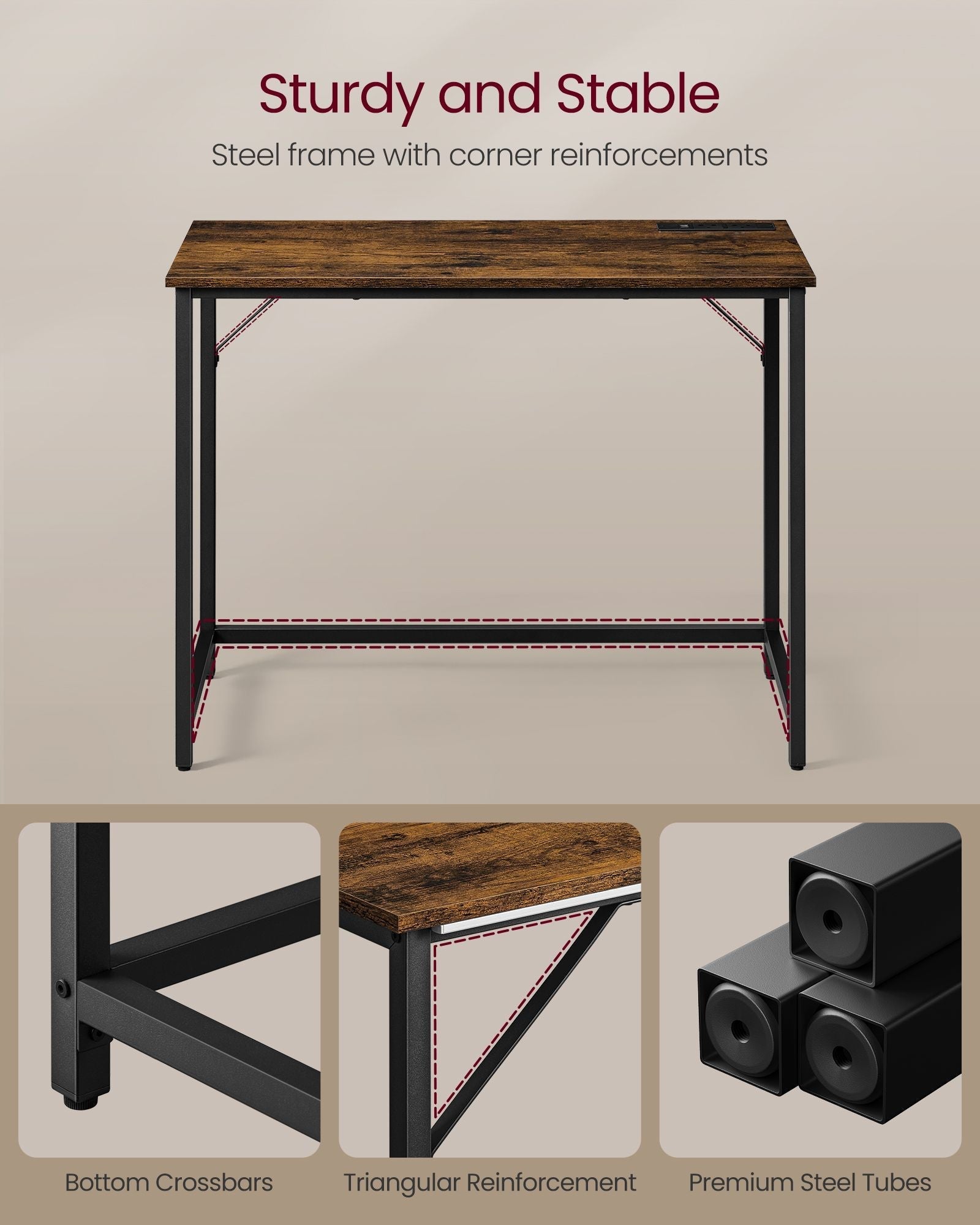 Computer Desk - Wood - Rustic Brown - With LED Lights and Built-In Power Outlets