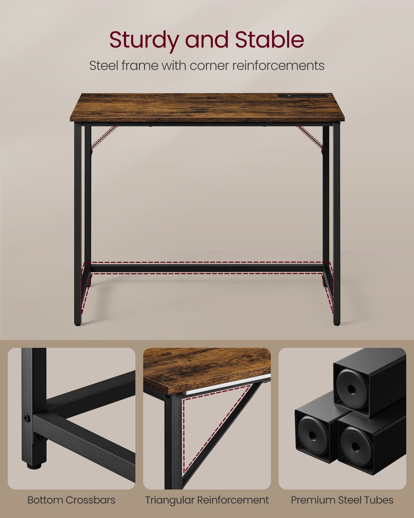 Computer Desk - Wood - Rustic Brown - With LED Lights and Built-In Power Outlets