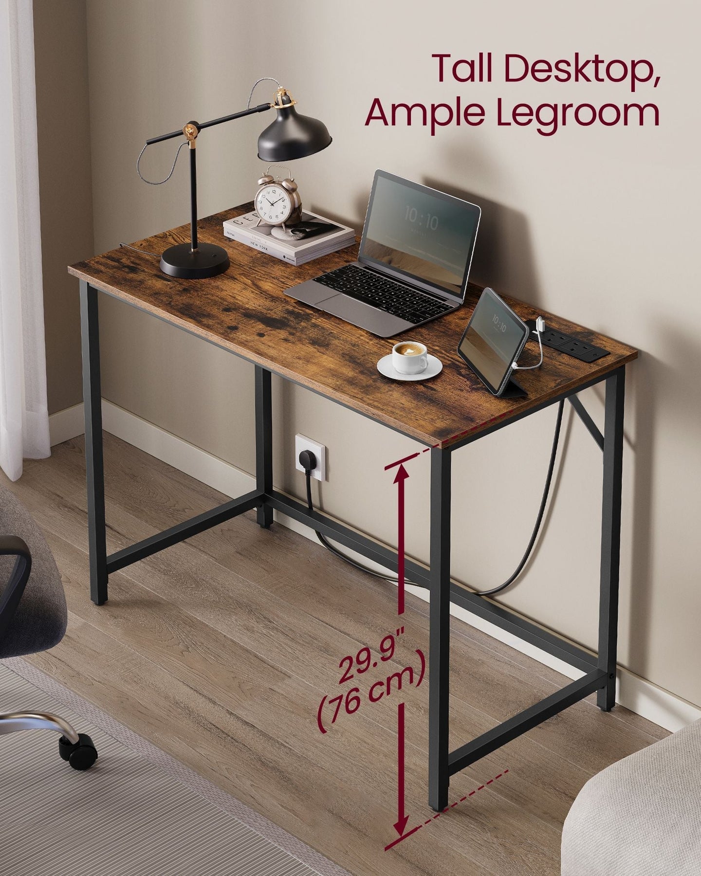 Computer Desk - Wood - Rustic Brown - With LED Lights and Built-In Power Outlets