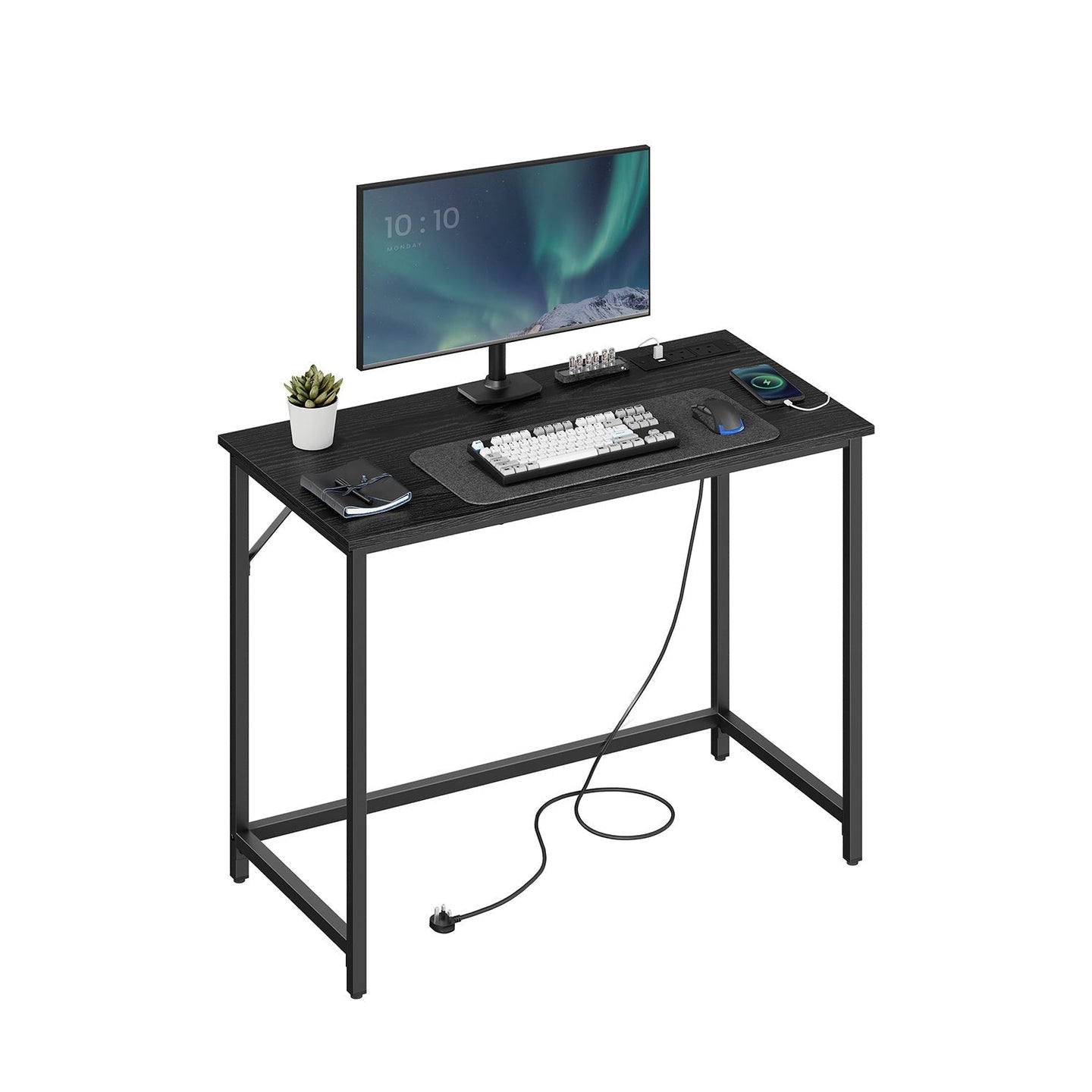 Computer Desk - Wood - Rustic Brown - With LED Lights and Built-In Power Outlets