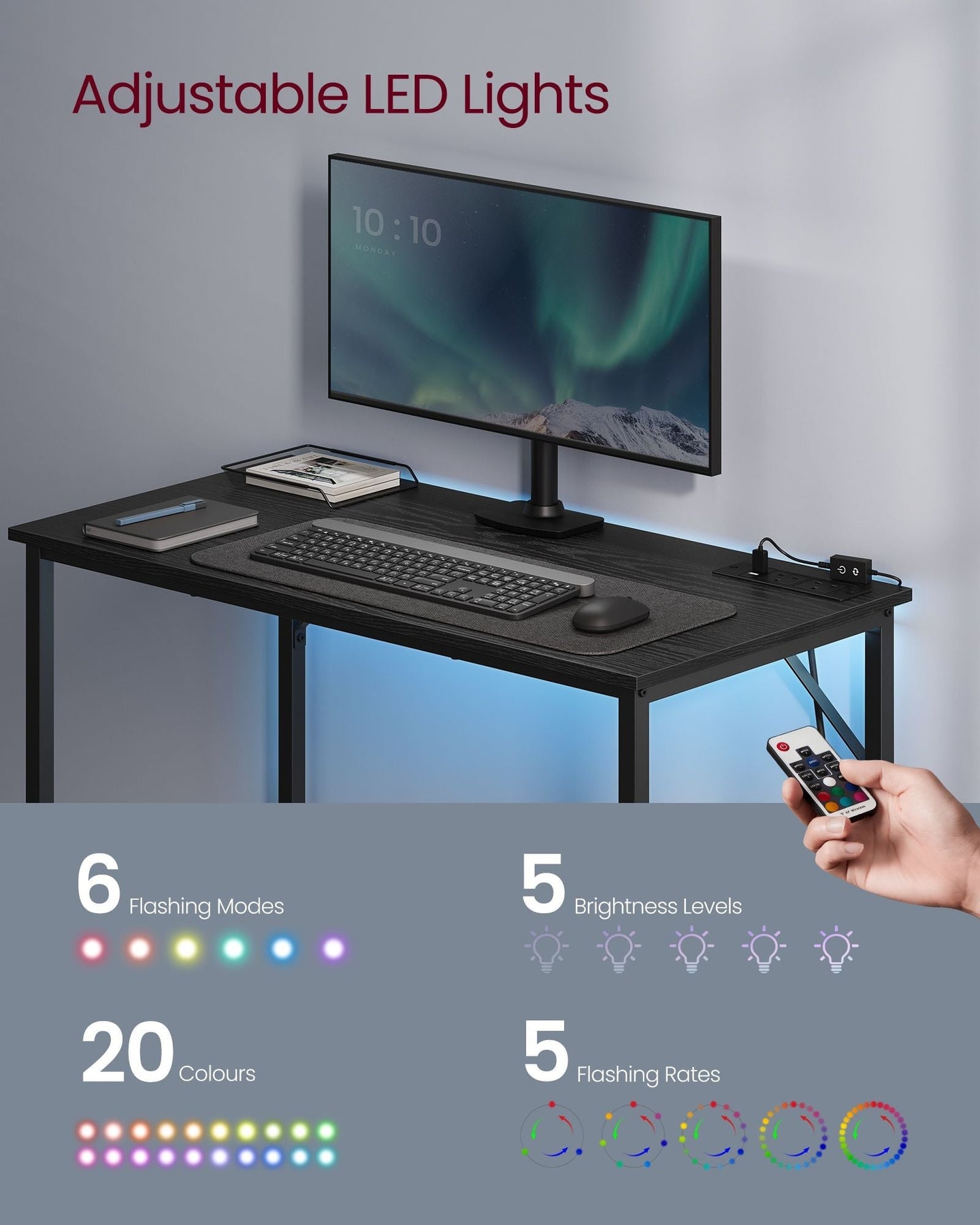 Computer Desk - Wood - Ebony Black - LED Lights and Built-In Power Outlets